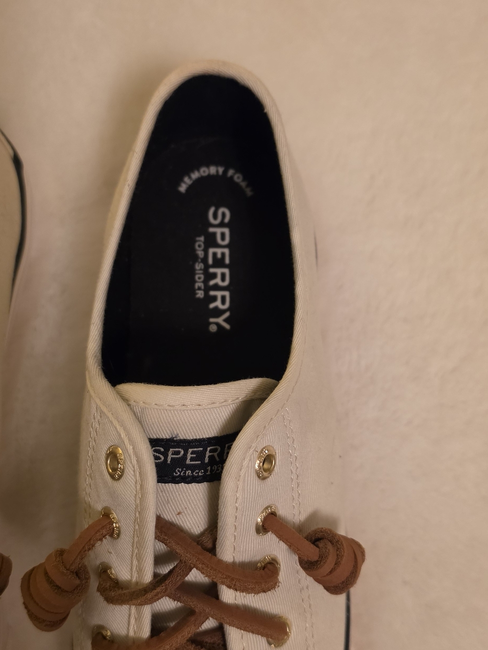Sperry Top Sider Women's Cream Canvas Boat Shoes with Brown Laces. - Picture 4 of 7